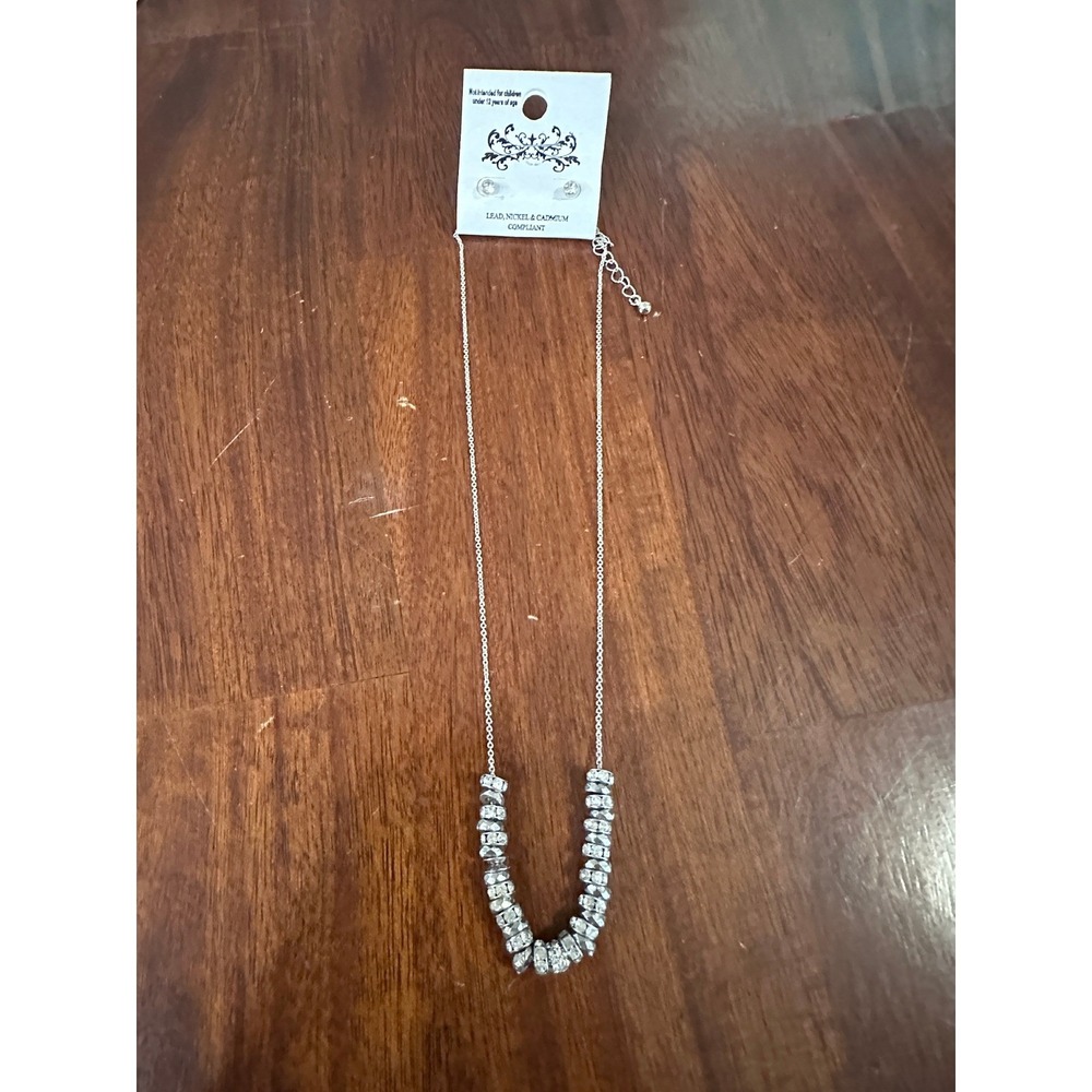 Necklace & Earrings Set Silver Rhinestone Beaded‎ Chain Jewelry